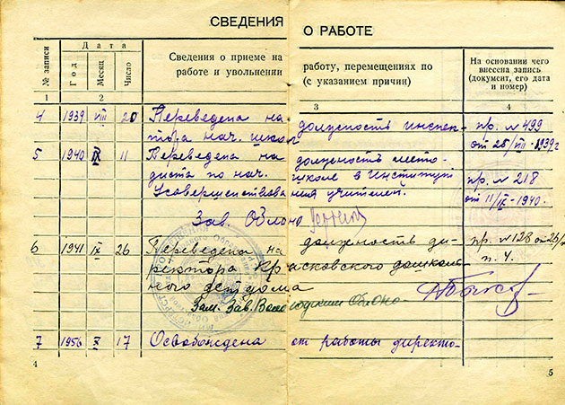 Страница трудовой книжки директора Е.М.Киселёвой.